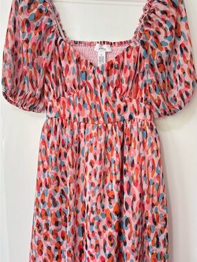 Anthropologie| Japna| Pink Multi-Colour Puff-Sleeve Full Skirt Mini Dress Sz S